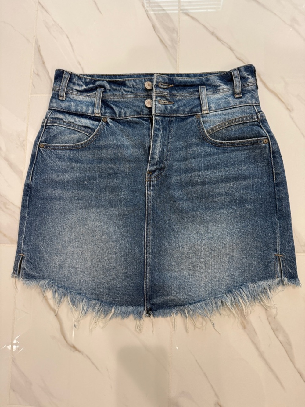Denim Mini Skirt - Blue Washed Fray Hem